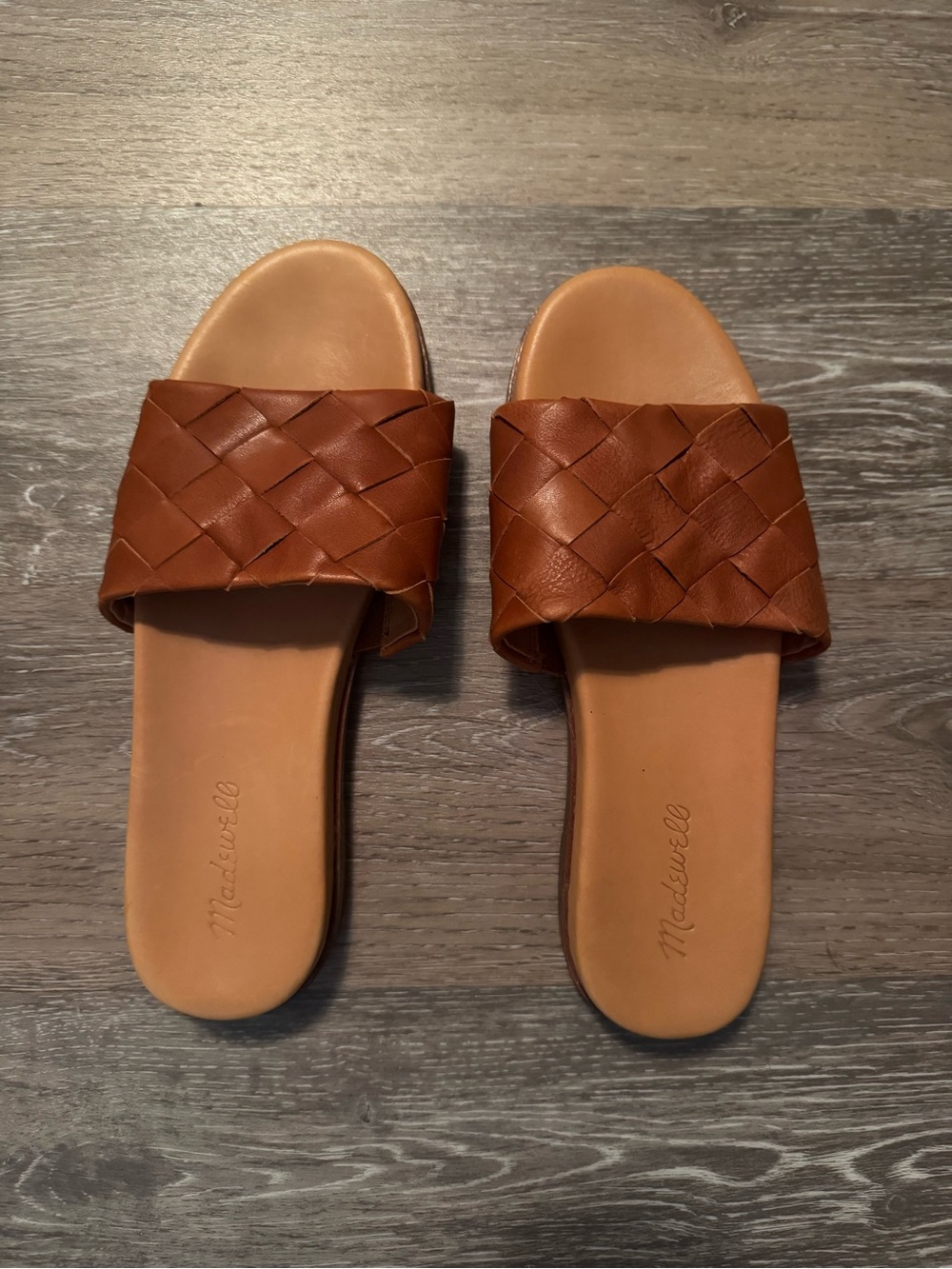 Madewell Braided Leather Slide Sandals in Cognac Brown